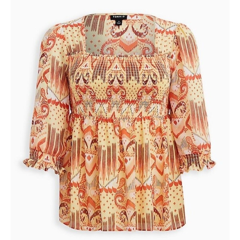 Torrid Babydoll Blouse Plus Size 1X Chiffon Smocked Yellow Orange‎